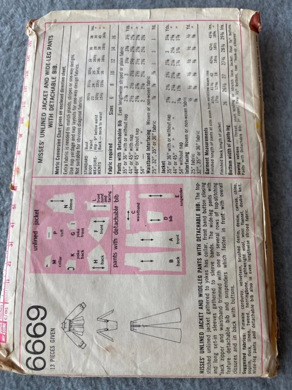 Simplicity 6669 Sewing Pattern Jacket Wide-Leg Pant Detachable Bib Size 10 Uncut